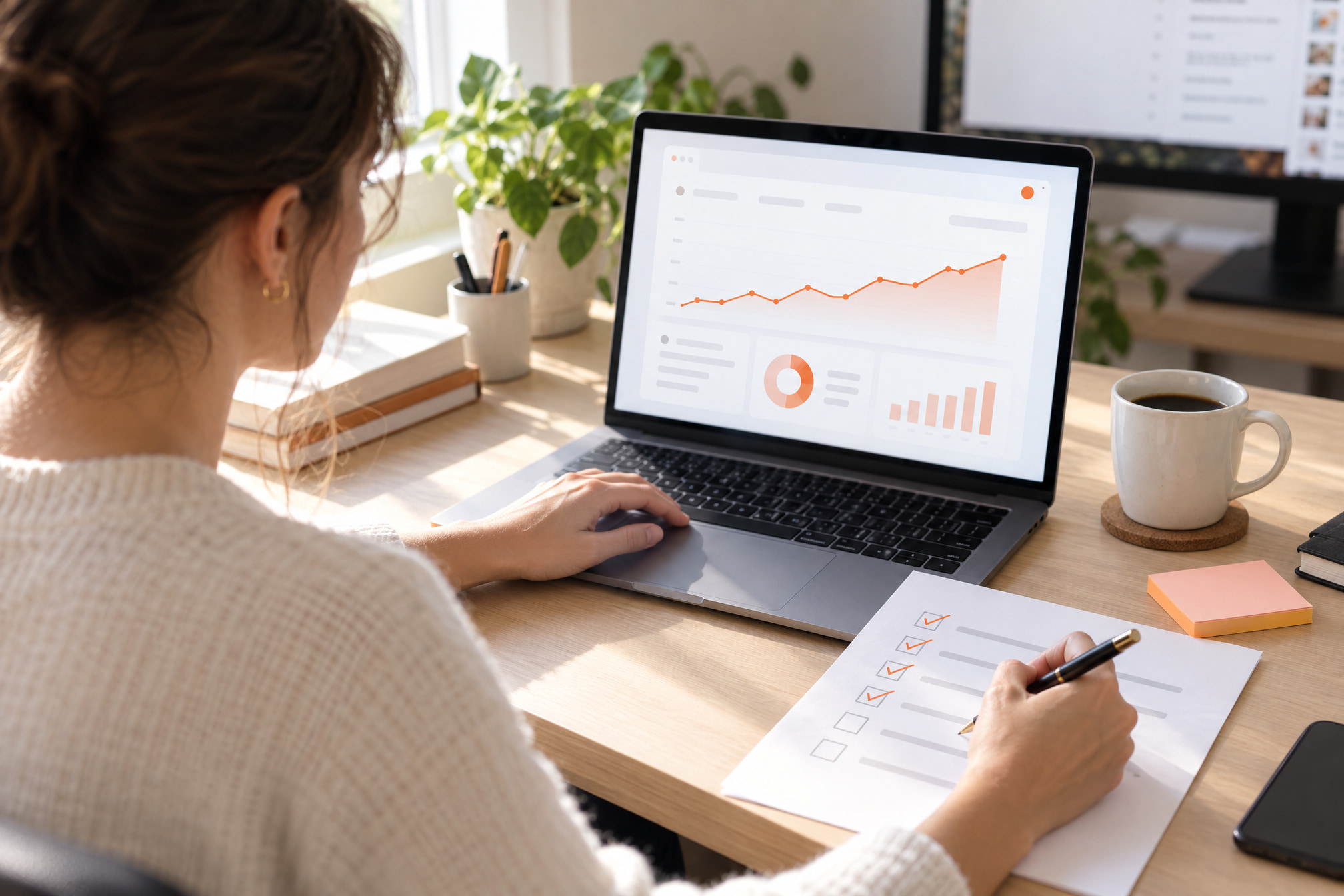 Content marketer working through an SEO checklist beside a laptop showing a search performance dashboard