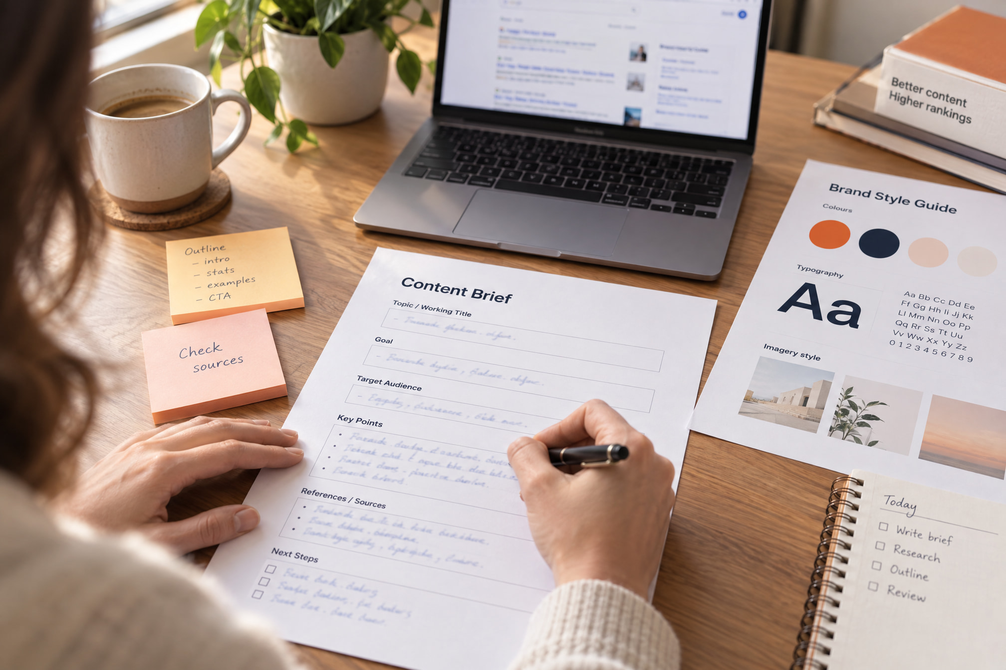 Marketer filling in a reusable brief template by hand, with search results open on a laptop beside it
