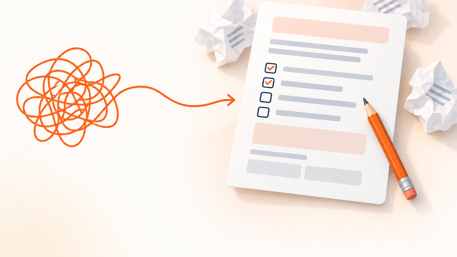 A tangled request straightening into a clear one-page content brief that guides a writer before the first draft