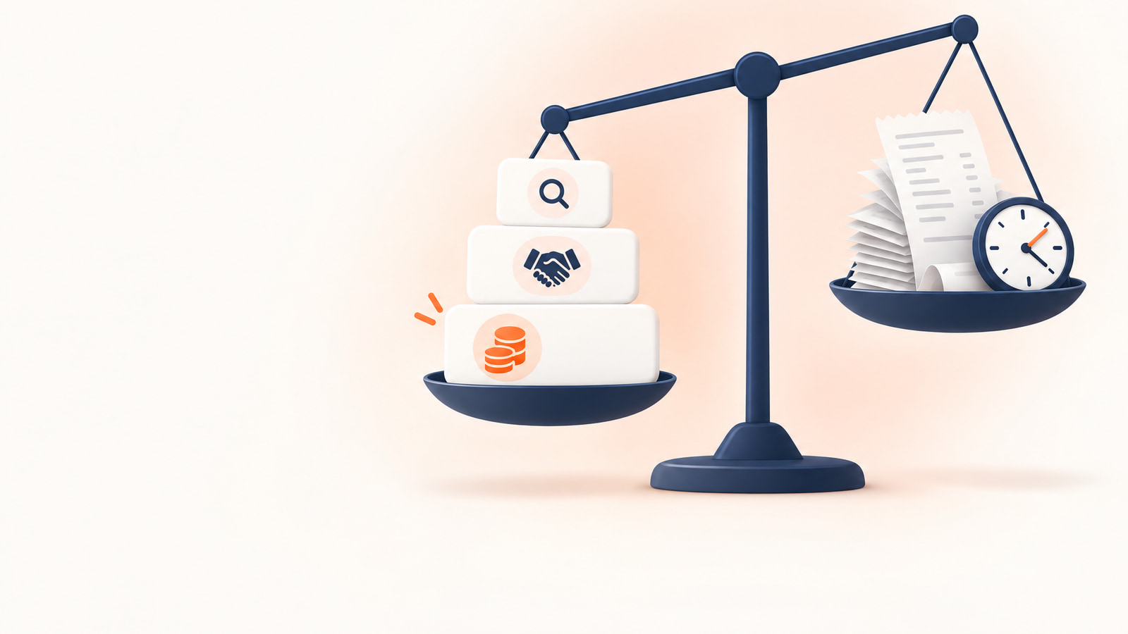 Balance scale weighing three stacked layers of content value against cost receipts, a picture of content marketing ROI