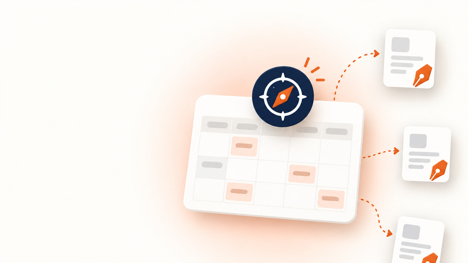 A content calendar card keeps strategy in-house while draft documents flow outward, showing content outsourcing for small teams
