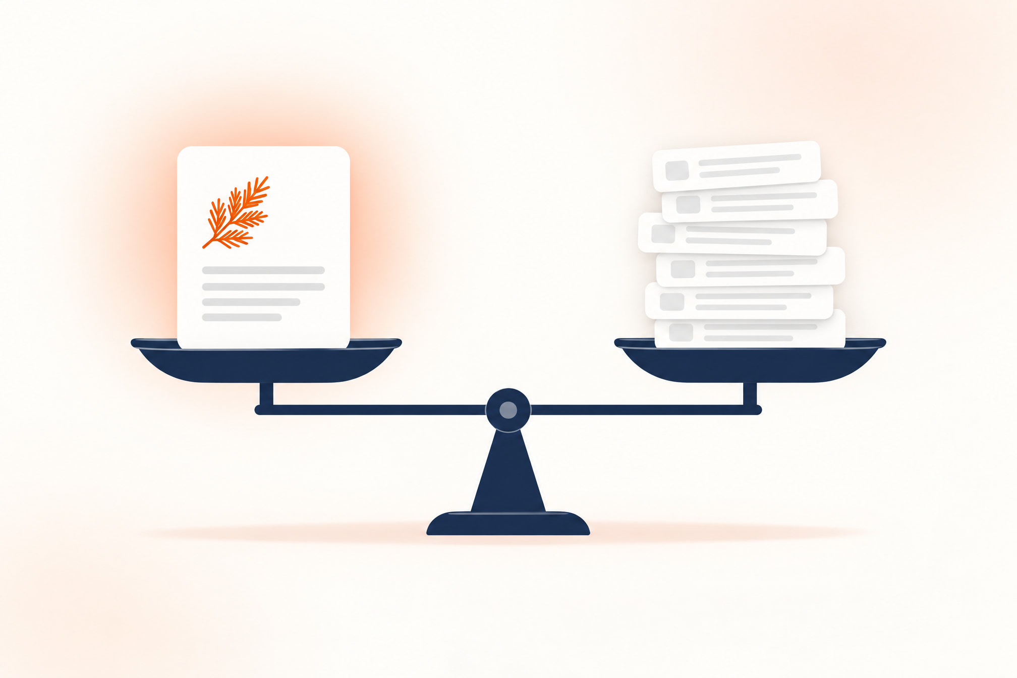 One durable blog post balancing six ordinary posts on a scale, showing how compounding posts improve content ROI
