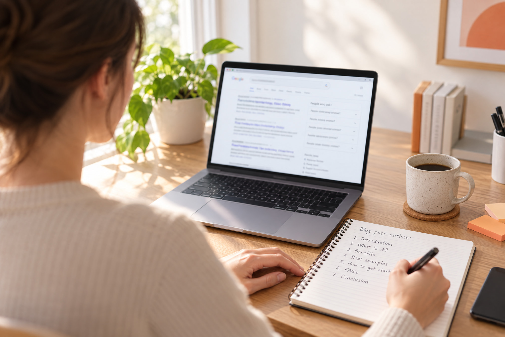 Writer copying related questions from a Google results page into a notebook outline for new post headings