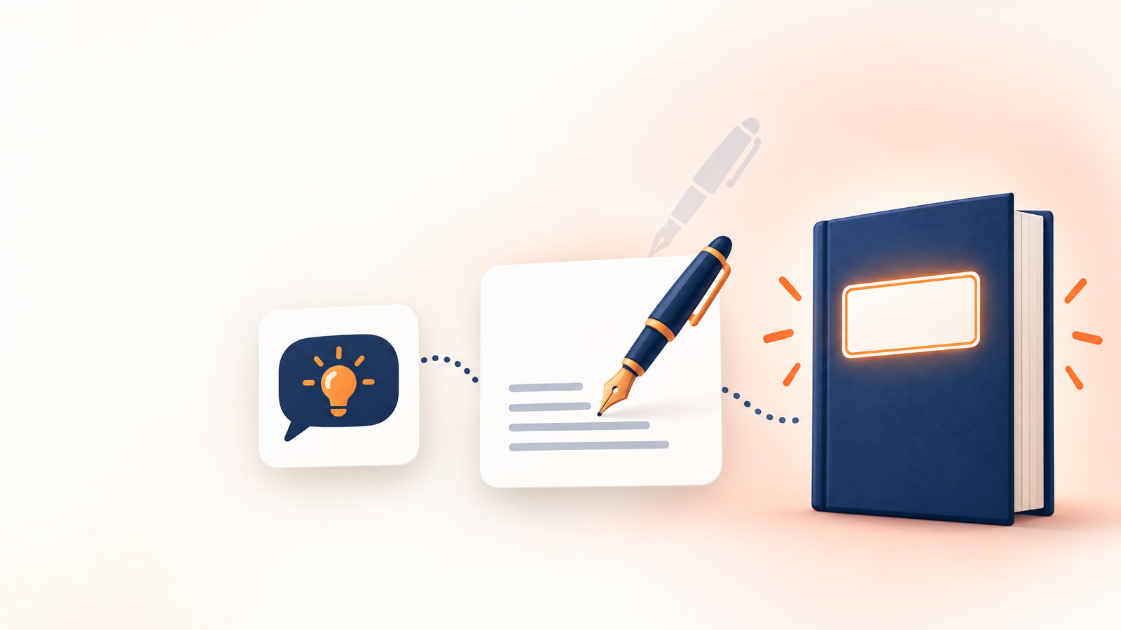 Author's idea flowing through a hired writer's pen into a book under the author's name, showing what is ghostwriting