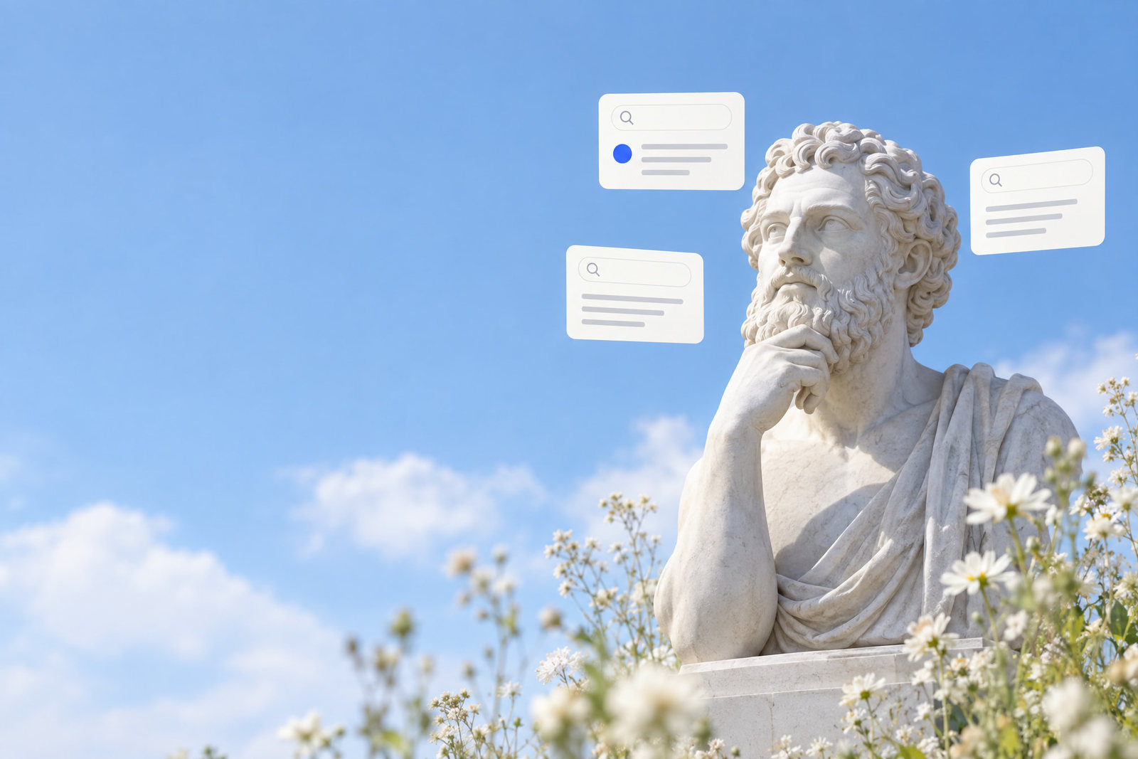 Marble bust beside floating search cards, evoking knowledge base software that helps users find answers
