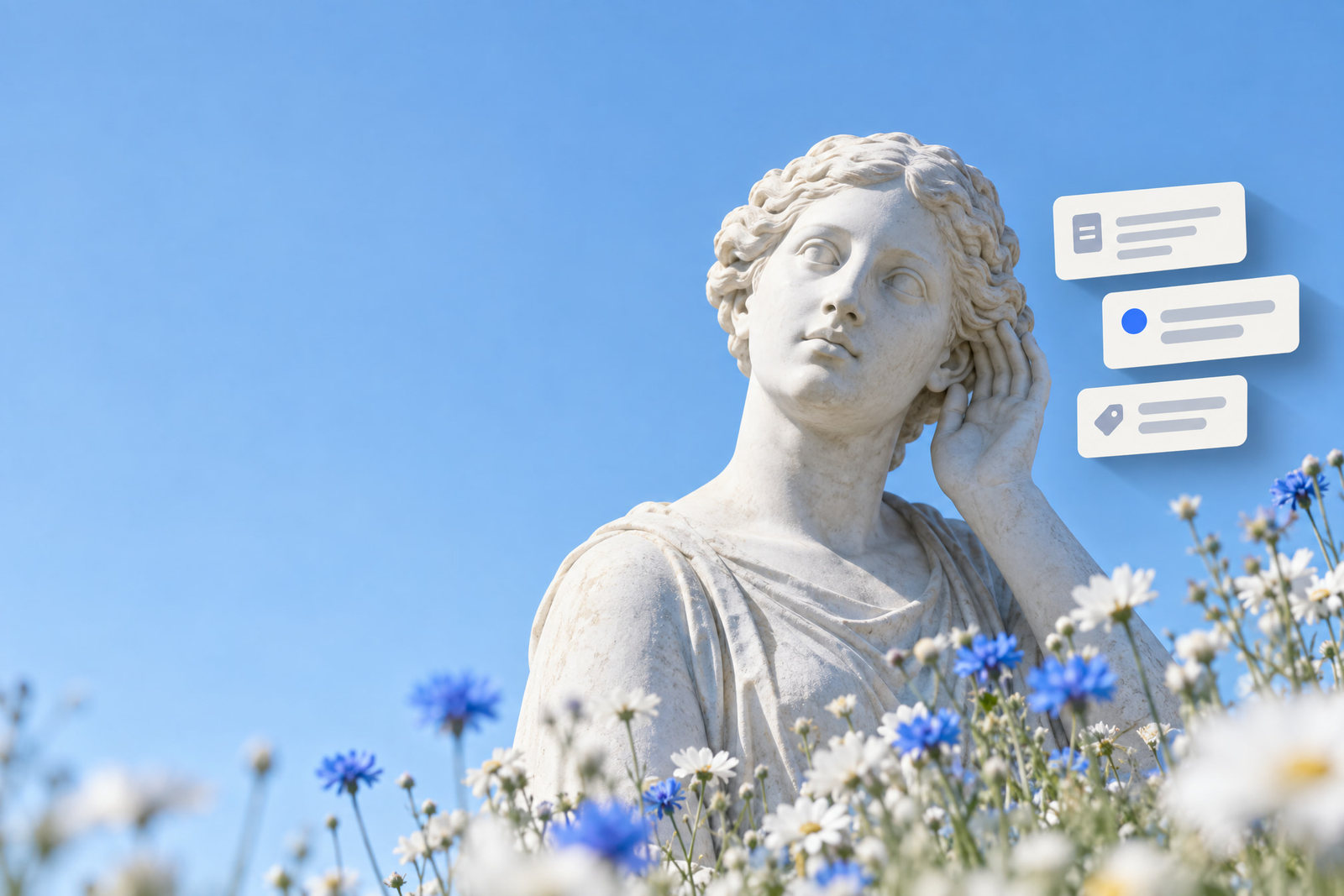 Marble bust against blue sky beside floating help cards, representing a calm, well-structured SaaS customer support setup