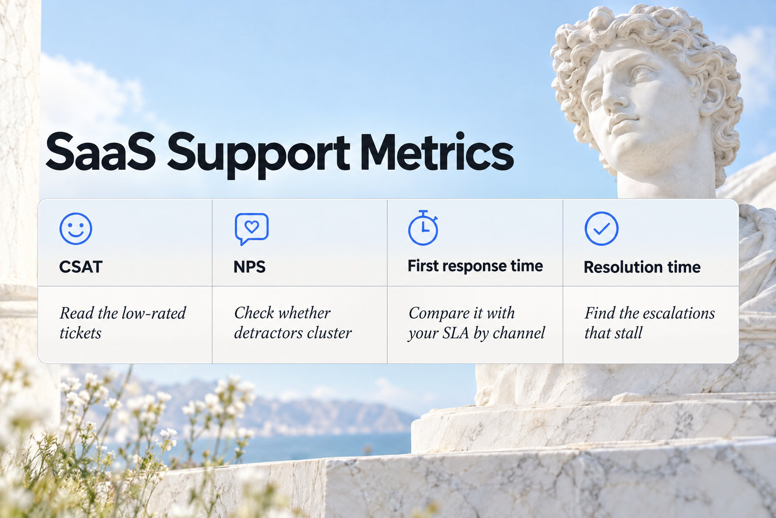 Four support metrics, CSAT, NPS, first response time and resolution time, each paired with what to do when it slips